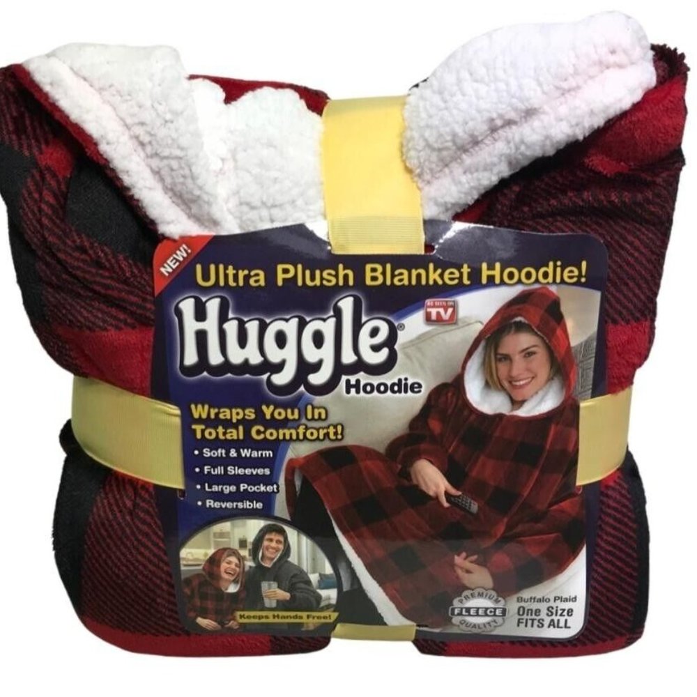 HUGGLE NWT Ultra Plush Blanket Hoodie Red Black Buffalo Plaid Premium Fleece OS